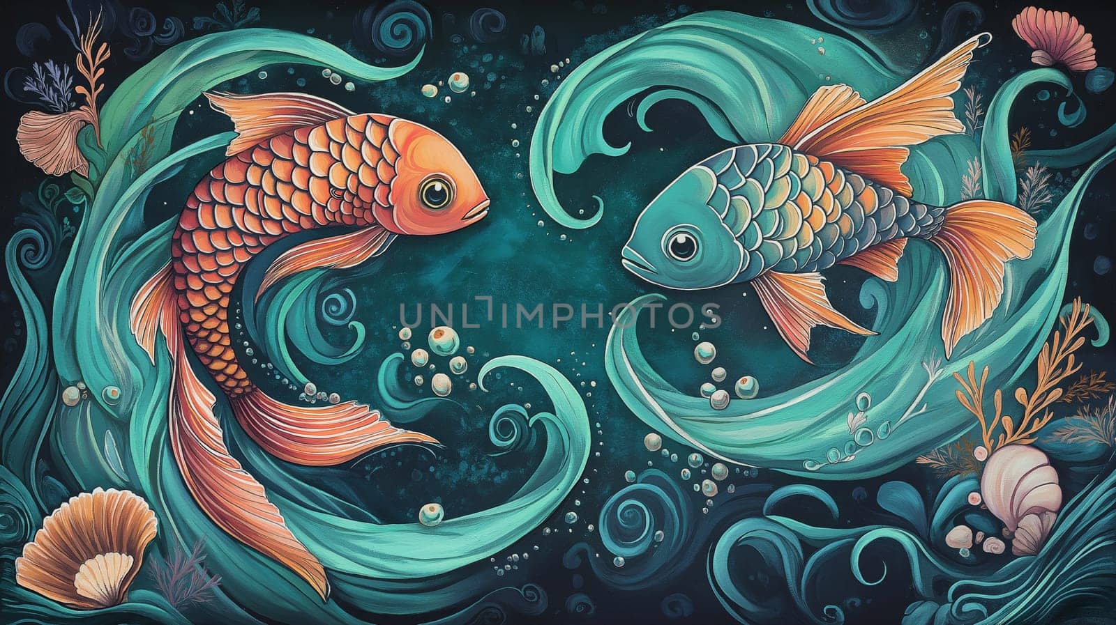 Mystical underwater scene in art nouveau style featuring two elegantly flowing fish set amidst swirling ocean waves and seashells. vibrant colors and intricate details create a serene aquatic fantasy atmosphere.