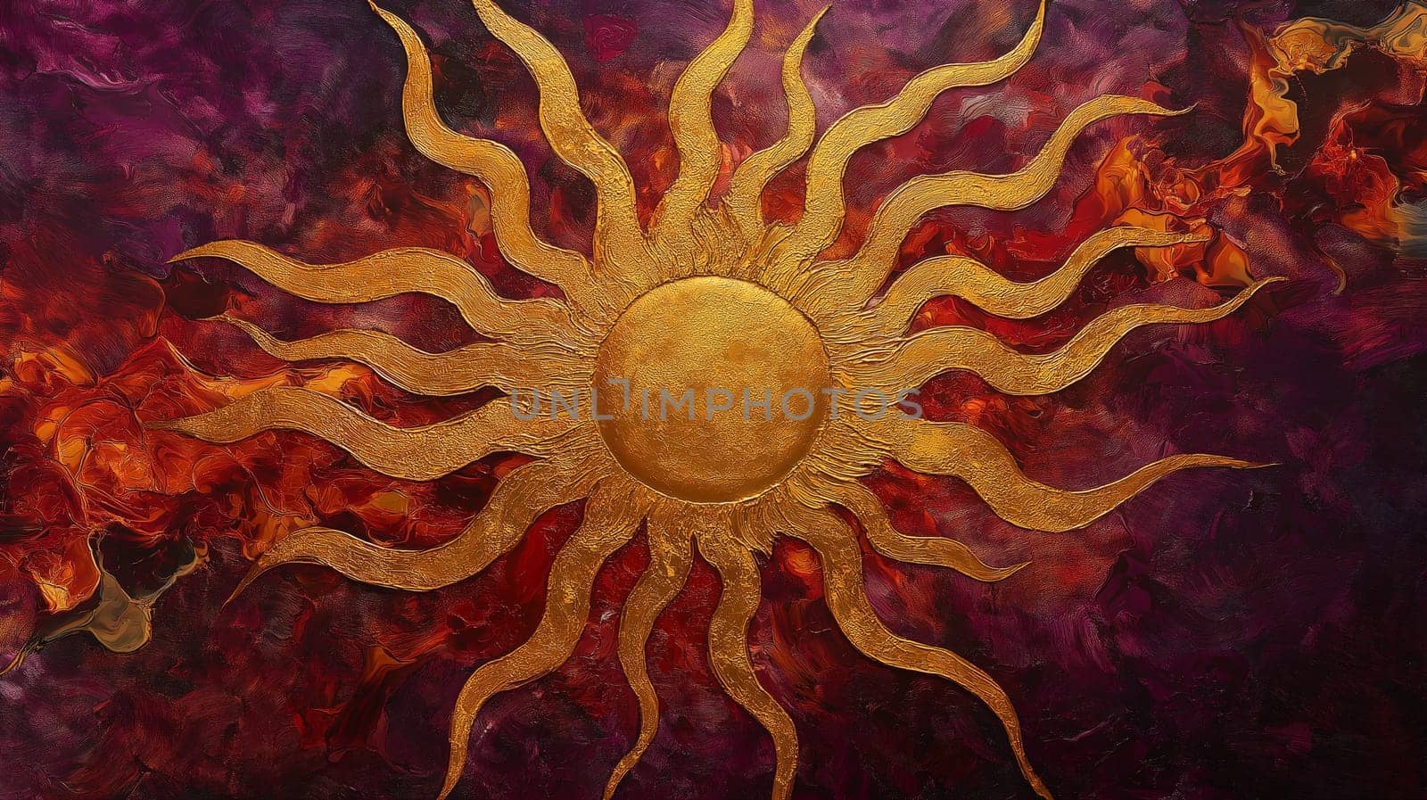 Radiant abstract artwork featuring a golden sunburst against a bold background. the swirling textures and rich colors evoke a sense of warmth and energy, making it ideal for artistic and decorative applications.