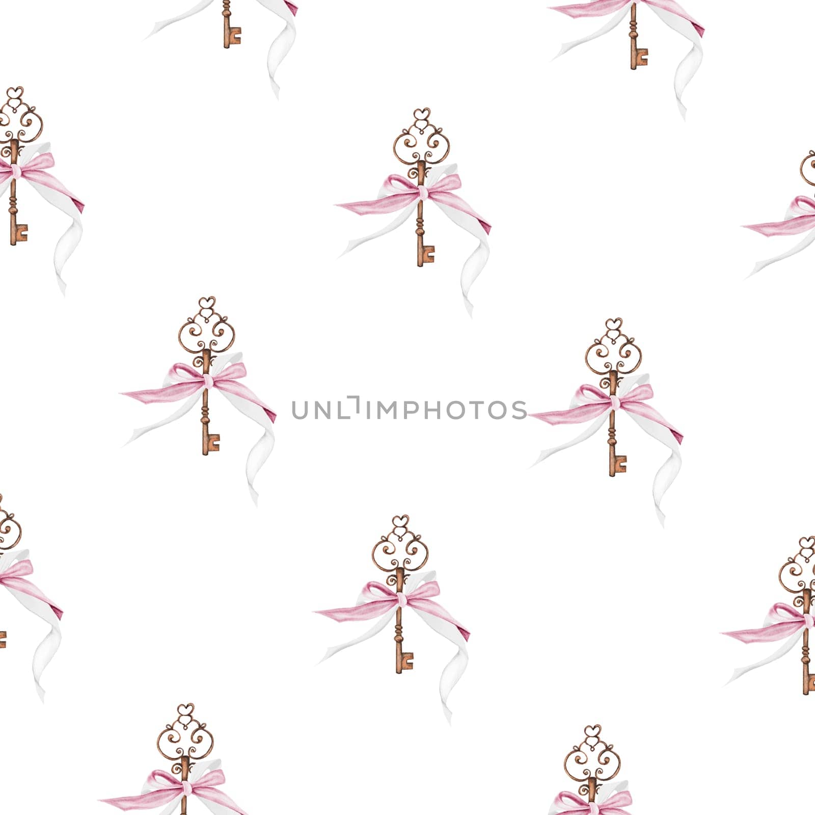 Pattern keys with pink ribbons. Hand drawing vintage things with a bow on isolated white background. Elegant ornament for printing on textiles or wallpaper. Baby design. For princesses. High quality illustration