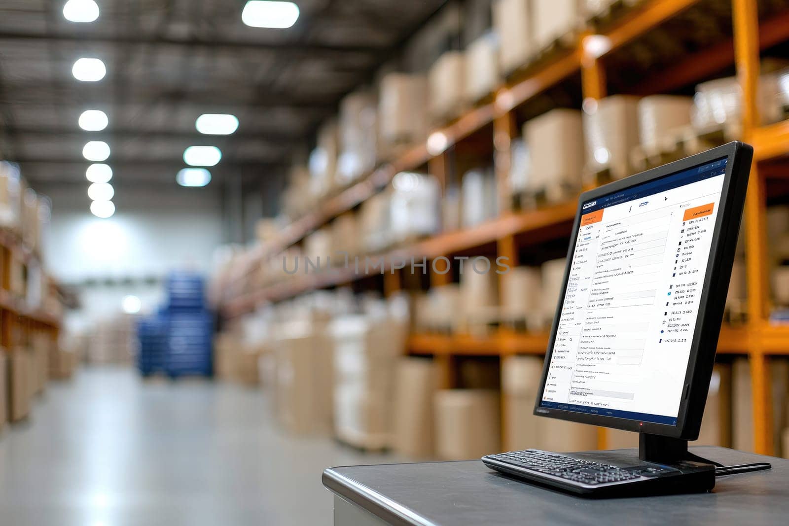 A computer monitor showcasing inventory management software in a well-organized warehouse, emphasizing a streamlined approach to logistics and storage efficiency.