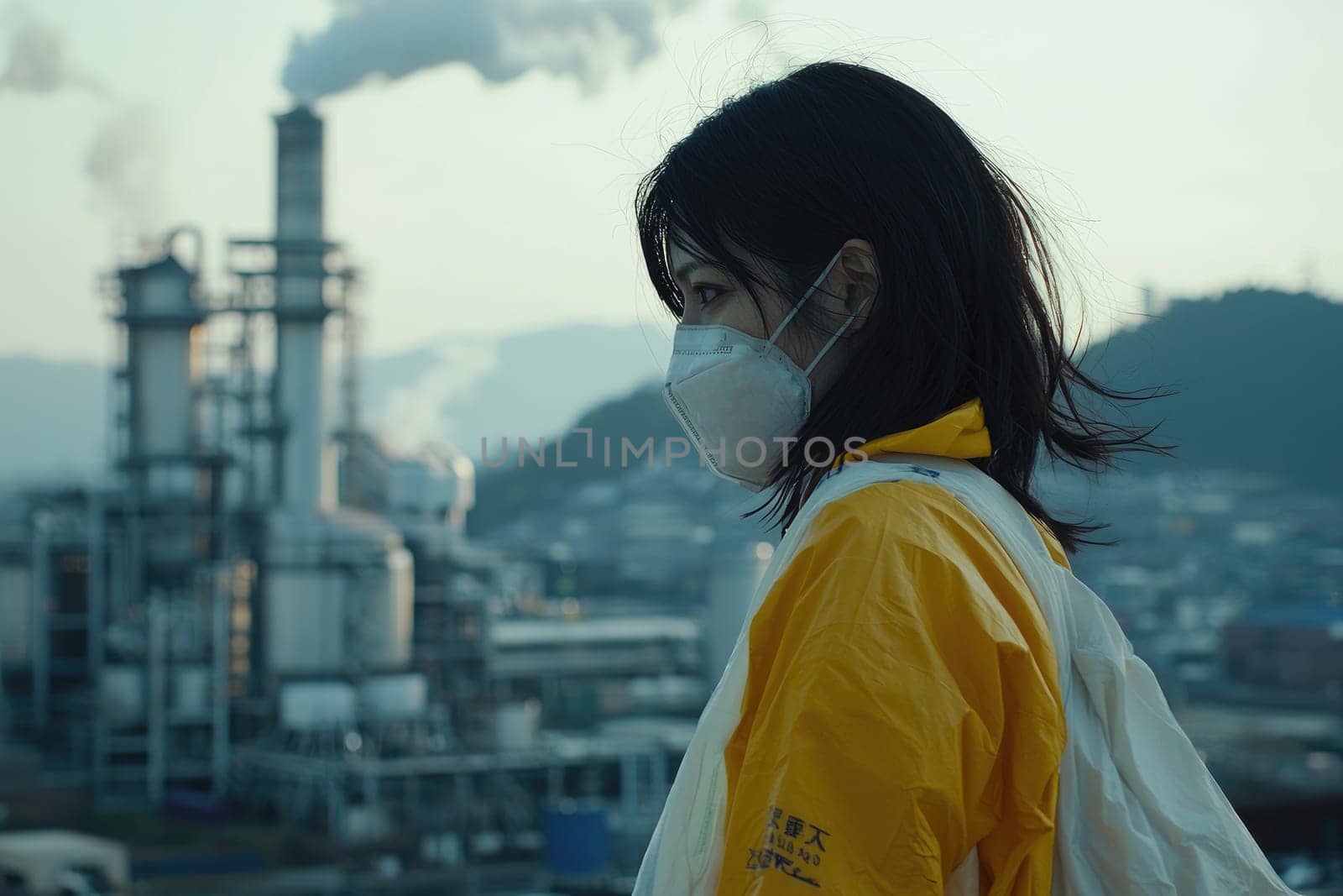 A woman in a yellow protective suit and mask gazes thoughtfully towards an industrial area, highlighting the impact of pollution and the significance of sustainability in modern society.