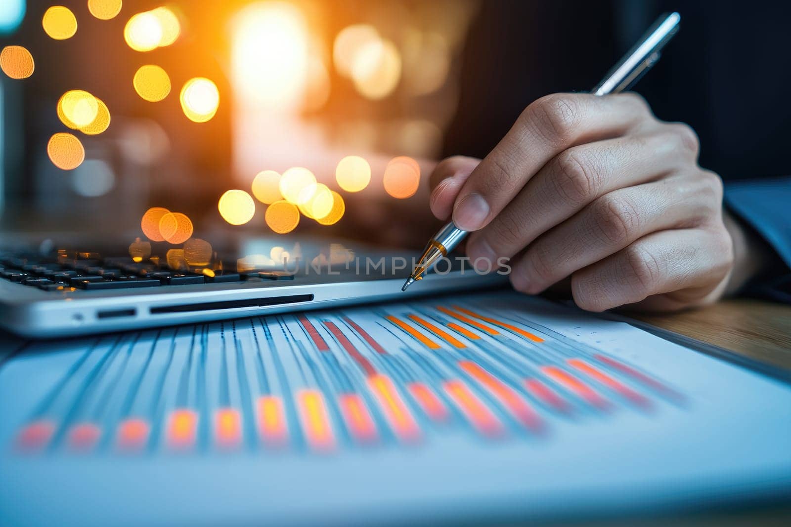 A close-up of a hand holding a pen while working on a laptop, surrounded by colorful graphs and soft bokeh lights, perfect for illustrating business analysis and strategy.