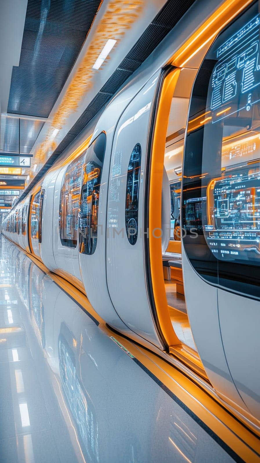 Futuristic subway train with open doors showing interior and digital displays on windows, waiting at modern platform