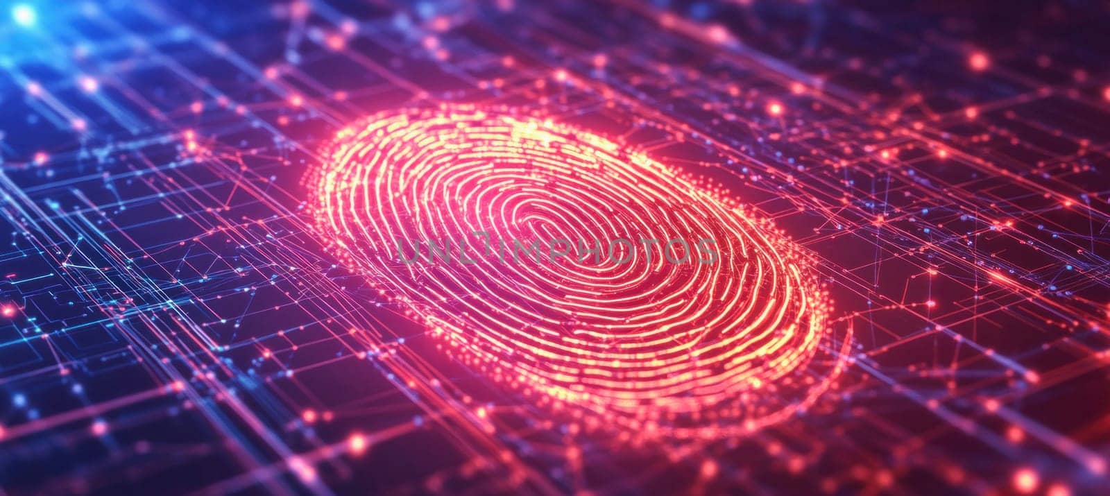 Fingerprint shining on a circuit board, symbolizing cybersecurity and personal data protection in digital environment