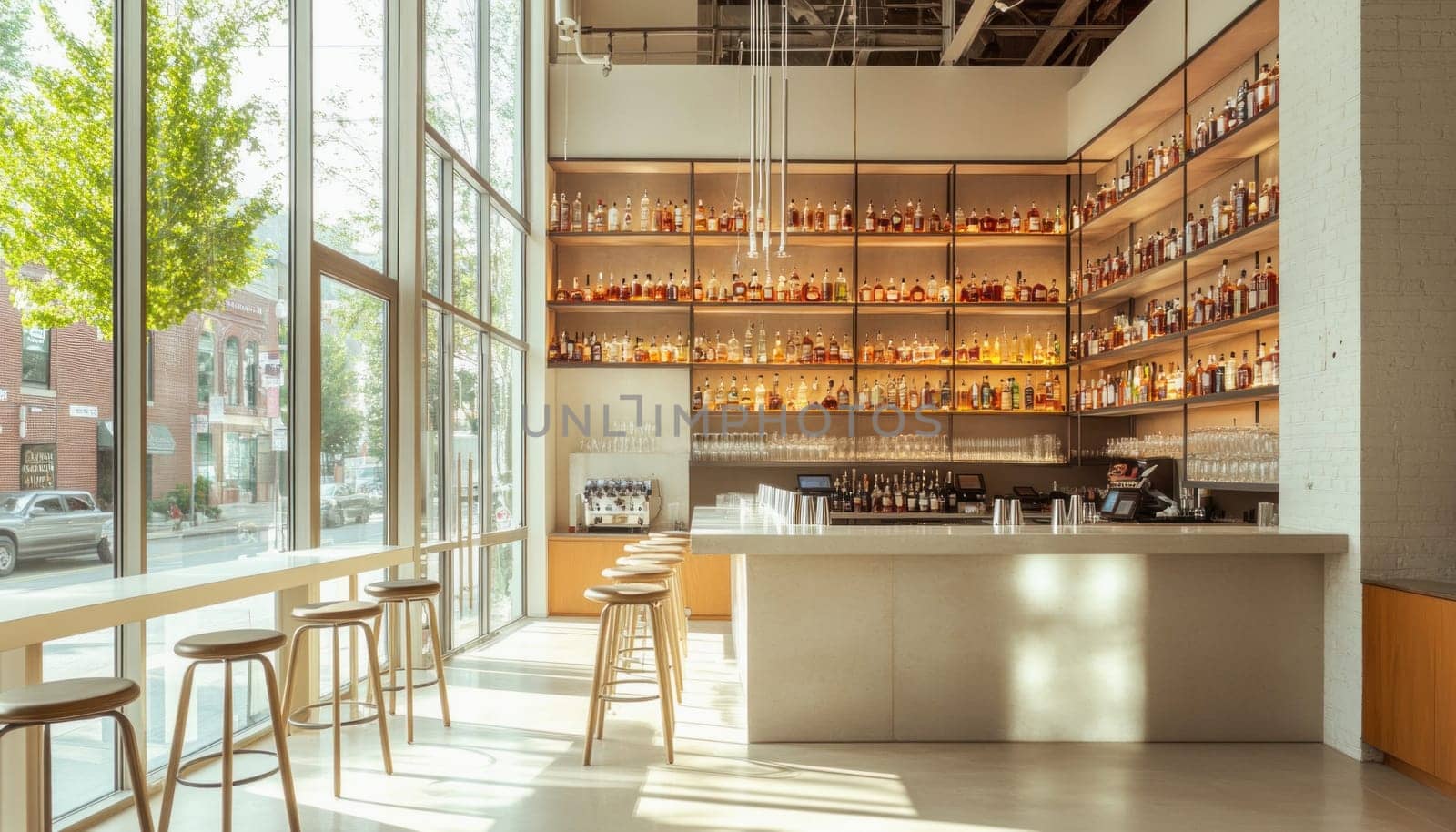 Sunlight illuminates contemporary bar interior with extensive backlit liquor collection, polished concrete floor, and stylish barstools