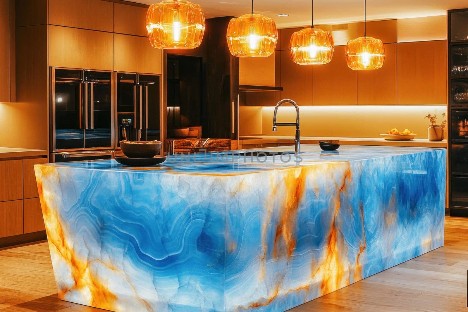 Backlit blue onyx island countertop illuminating a modern kitchen with orange pendant lights