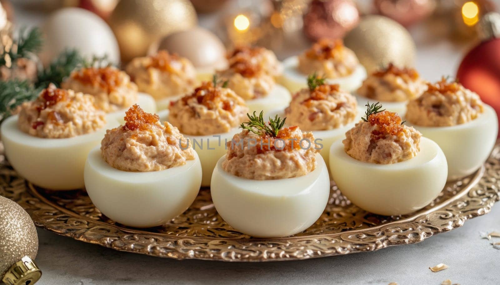 Deviled eggs, a classic holiday appetizer, garnished with crumbled bacon and fresh dill, presented on an elegant golden tray amidst festive christmas decorations