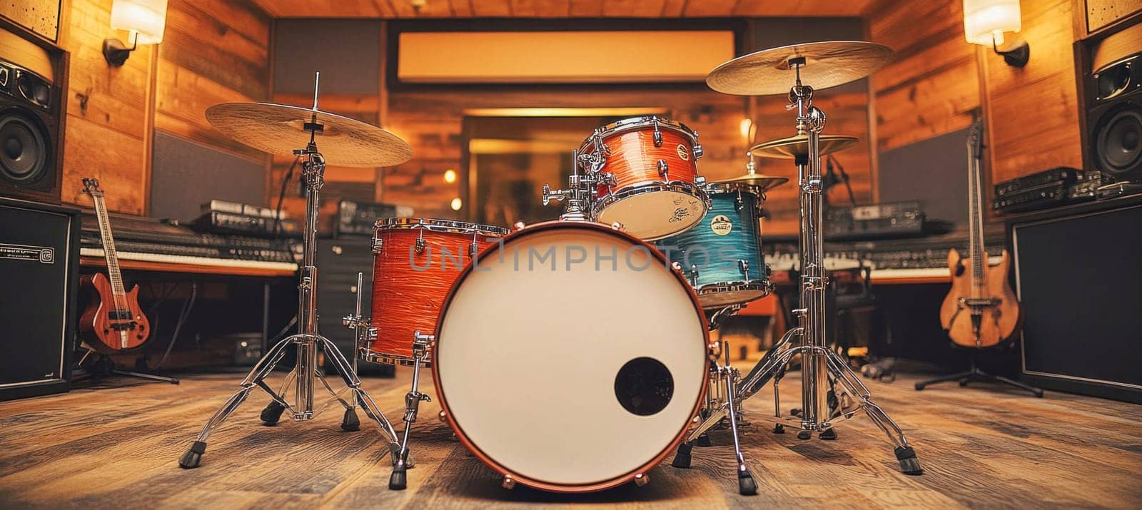 Drum set ready for recording session in professional music studio