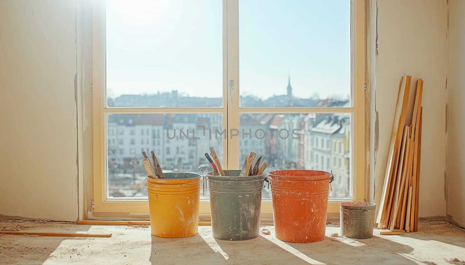 Colorful buckets and tools sit on a window sill, overlooking a cityscape, during an apartment renovation