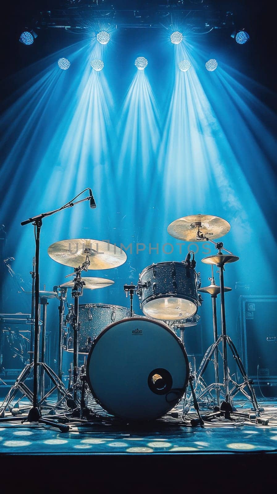 Drum set bathed in blue light on stage, ready for a live music performance