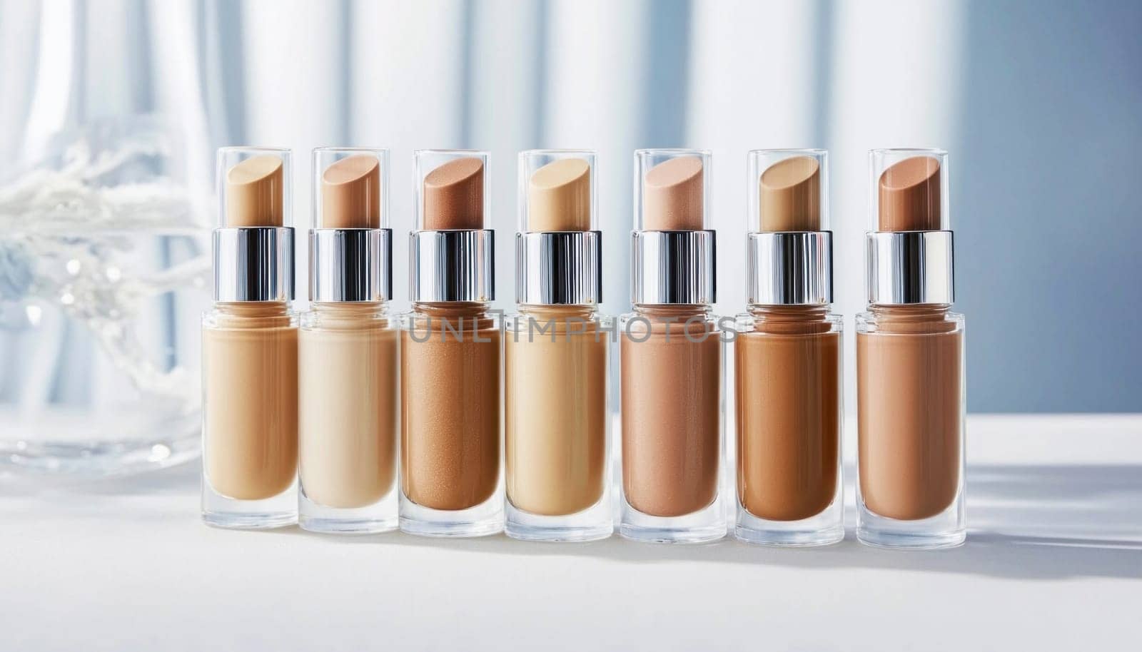 Foundation bottles with different shades standing on white surface are ready for makeup application