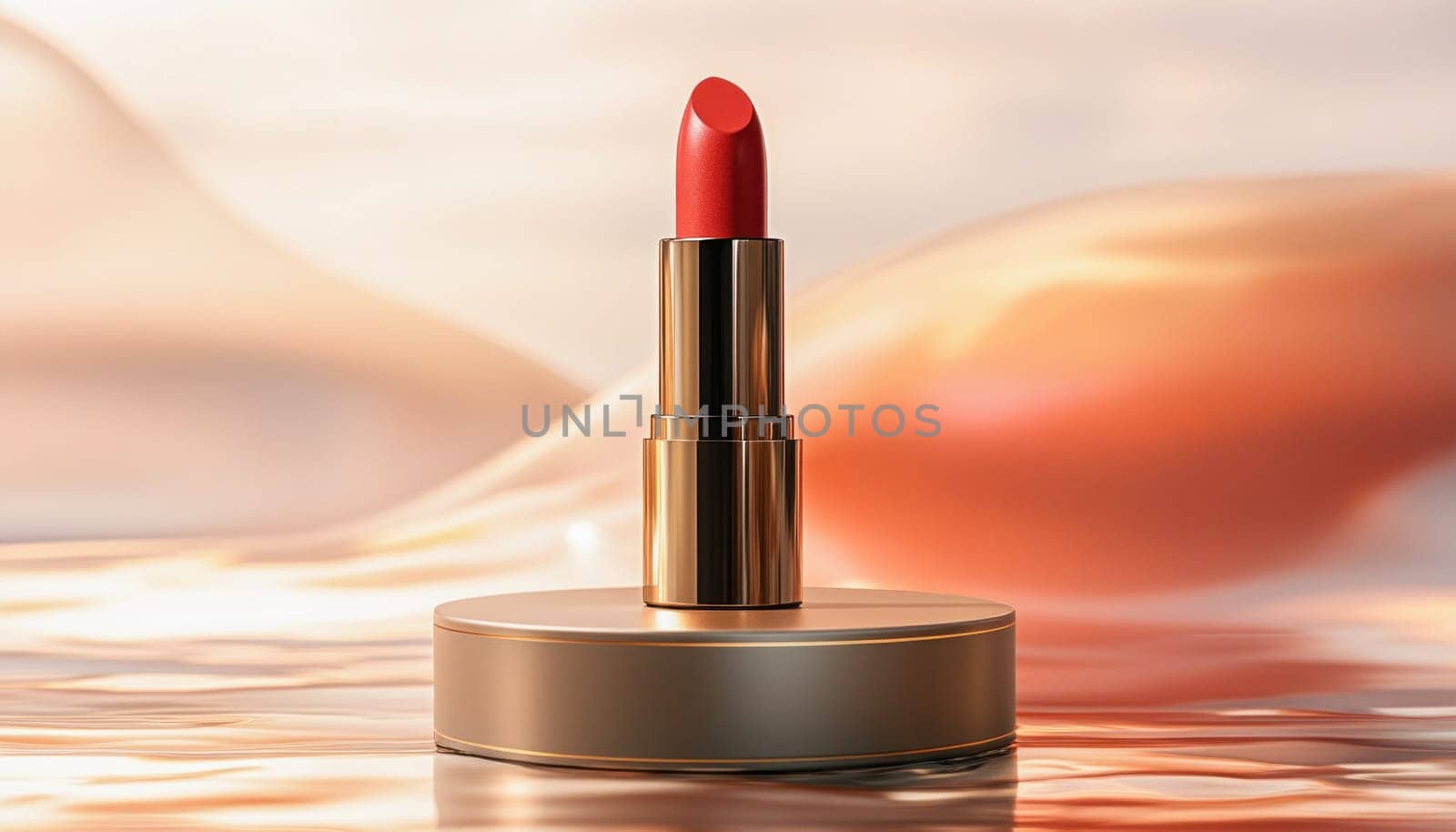 Red lipstick is standing on golden podium on orange wavy background, creating elegant and luxurious beauty product presentation
