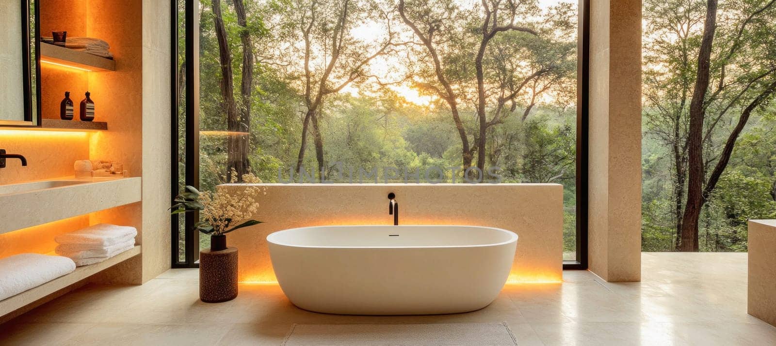 Freestanding bathtub in a modern bathroom with a large window overlooking a lush green forest, creating a serene and relaxing atmosphere