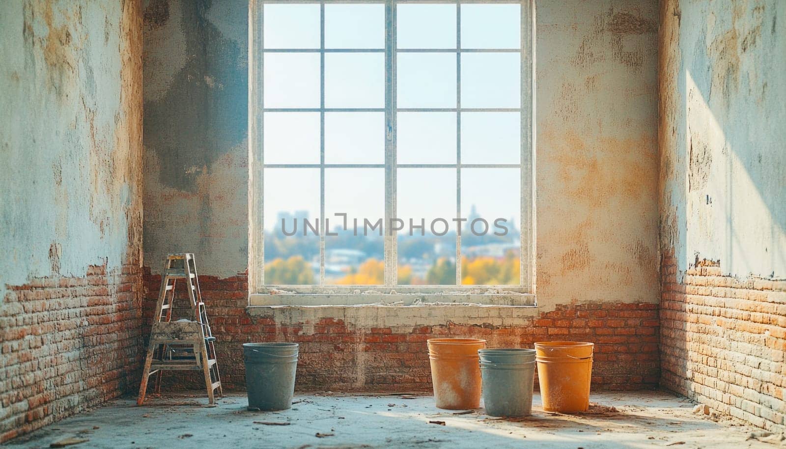 Sunlight illuminates buckets and a ladder in a room undergoing renovation, with a large window offering a view of the cityscape