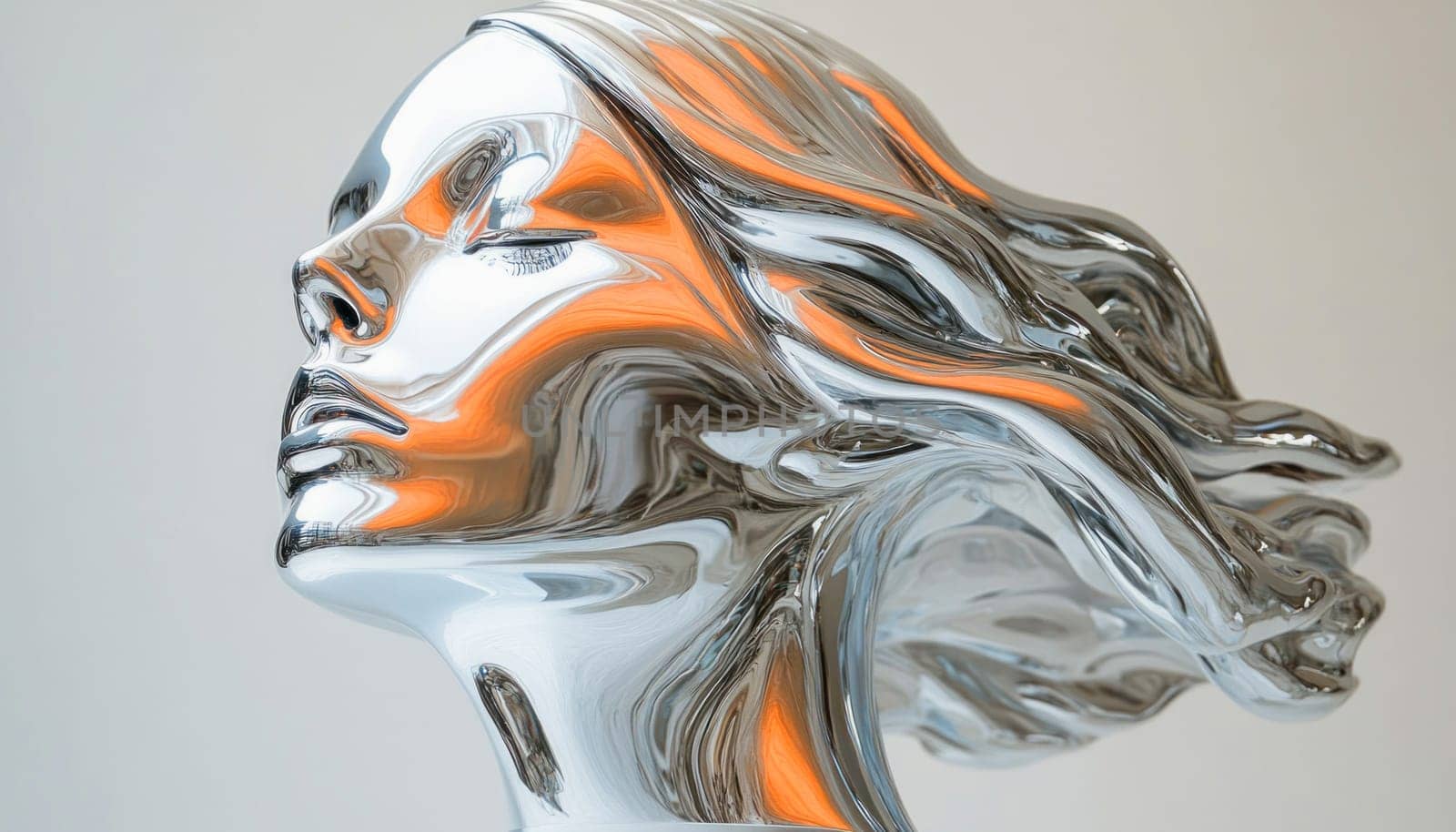 Chrome female sculpture with flowing hair reflecting orange light, showcasing modern art and elegance