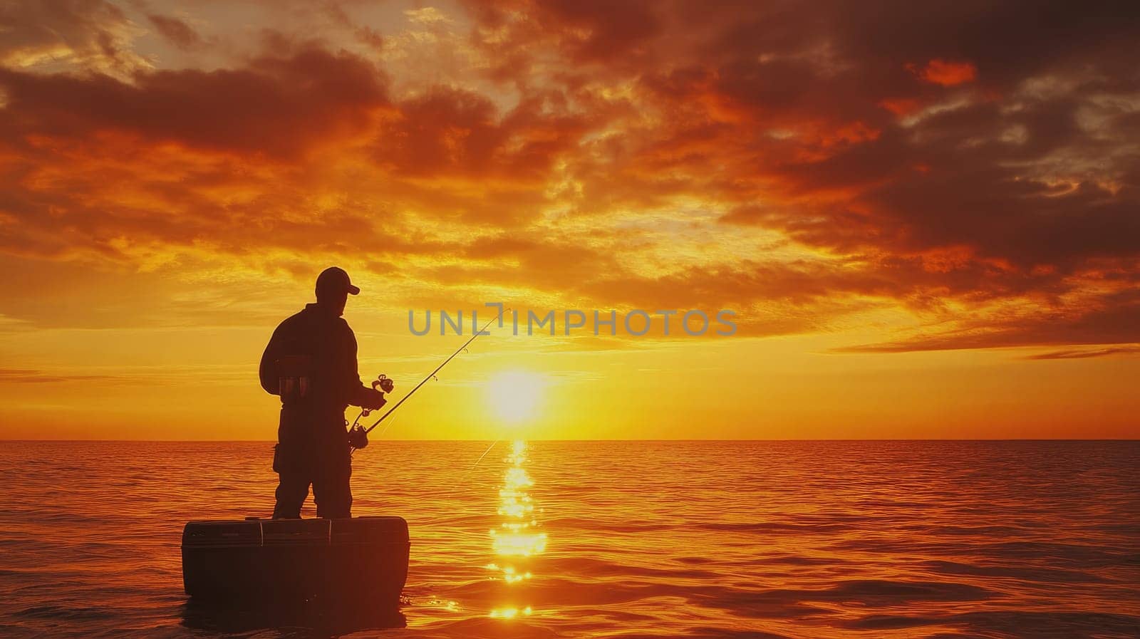 A fisherman stands on a platform, casting his fishing line into the calm ocean waters as the sun sets, creating a stunning backdrop of vibrant colors in the sky.