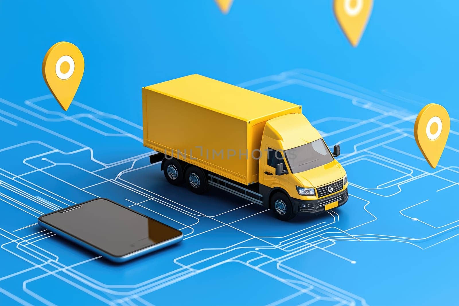 A vibrant yellow delivery truck sits against a blue backdrop with a smartphone and location markers, illustrating modern logistics and transportation solutions in the digital age.