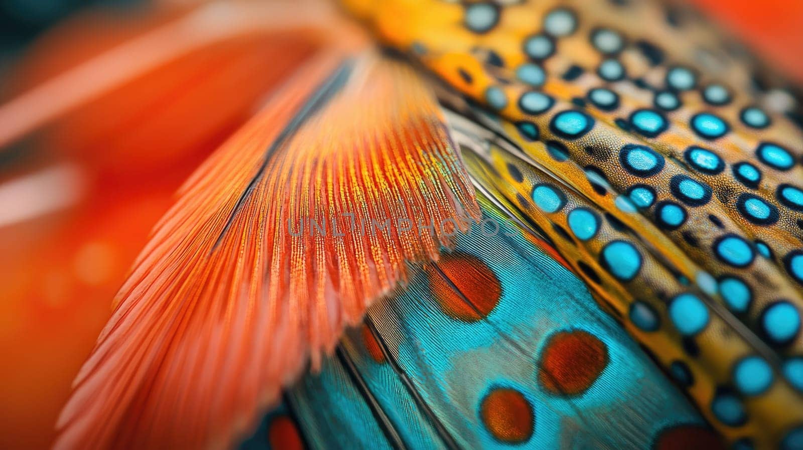 This close-up showcases the intricate details of colorful bird feathers, highlighting stunning patterns and textures.