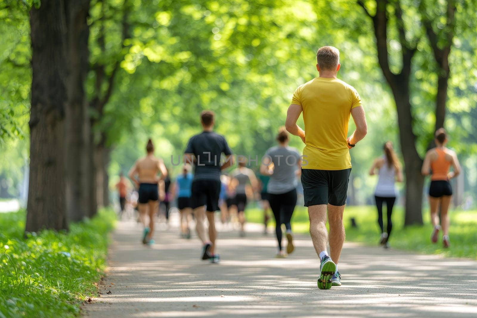 A vibrant scene showing a group of individuals jogging along a tree-lined path, basking in warm sunlight, showcasing the joy of outdoor exercise and community in nature.