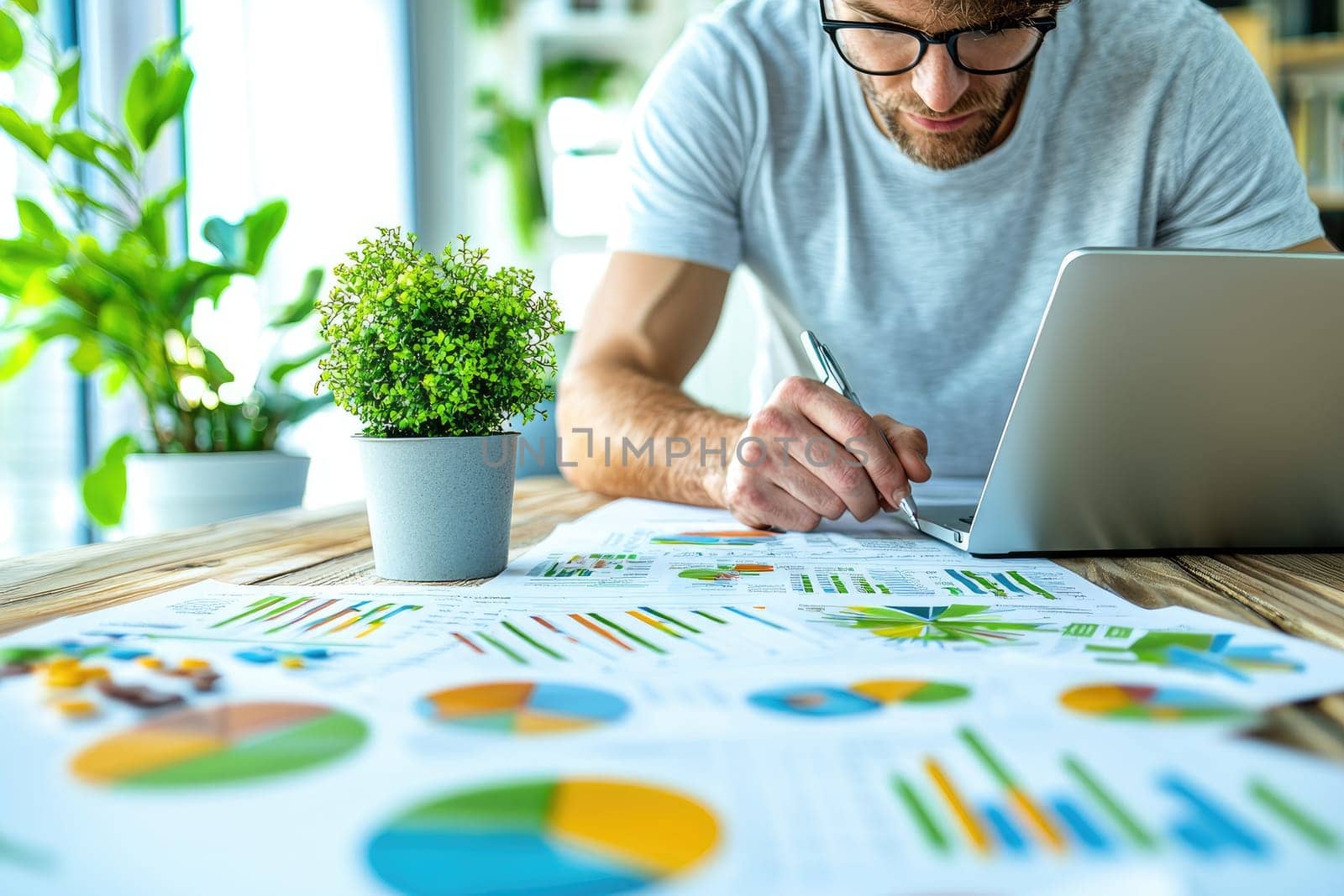 A focused businessman works diligently on financial charts and data in a stylish workspace, using a laptop and surrounded by greenery for inspiration and productivity.