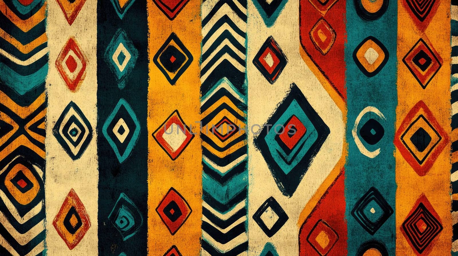 Vibrantly colored tribal design showcases an array of geometric shapes, stripes, and diamonds, displaying artistry and cultural significance. The background is textured, enhancing the visual impact.