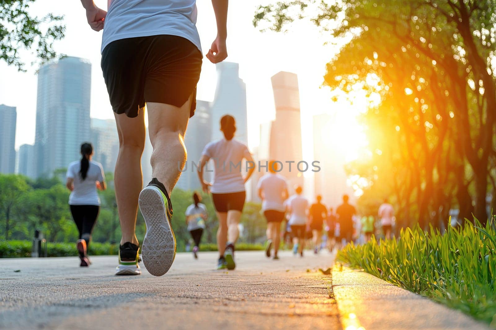 A vibrant scene of athletes jogging together in an urban park during sunrise, capturing the essence of fitness, community, and healthy living amidst the city backdrop.