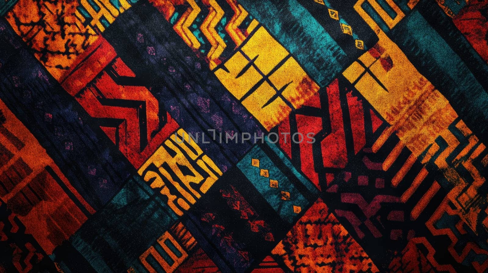A close-up view of colorful geometric patterns on fabric featuring deep reds, blues, yellows, and intricate designs that showcase traditional textile artistry and craftsmanship.
