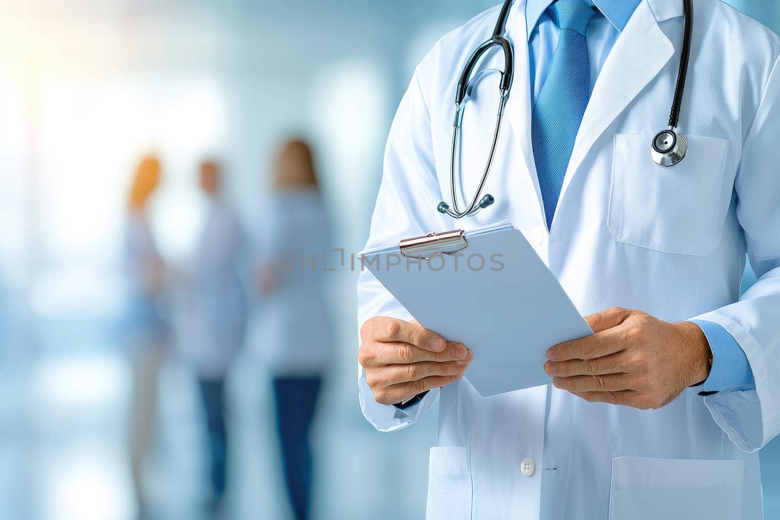 A healthcare professional stands holding a clipboard in a modern medical facility, embodying professionalism and readiness for patient care amidst blurred colleagues.