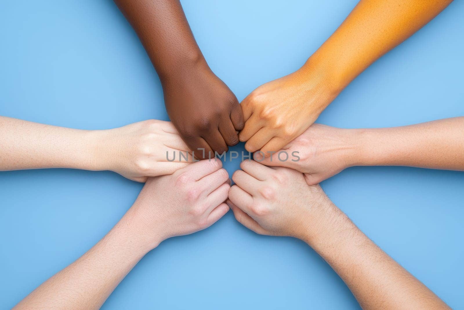 A vibrant display of diverse hands coming together in a gesture of unity and cooperation, highlighting the strength of community across different skin tones on a light blue backdrop.