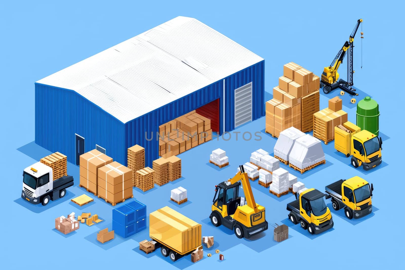 Vibrant illustration of a modern warehouse with trucks, forklifts, and cranes, showcasing logistics activities including storage, shipment, and efficient distribution processes.