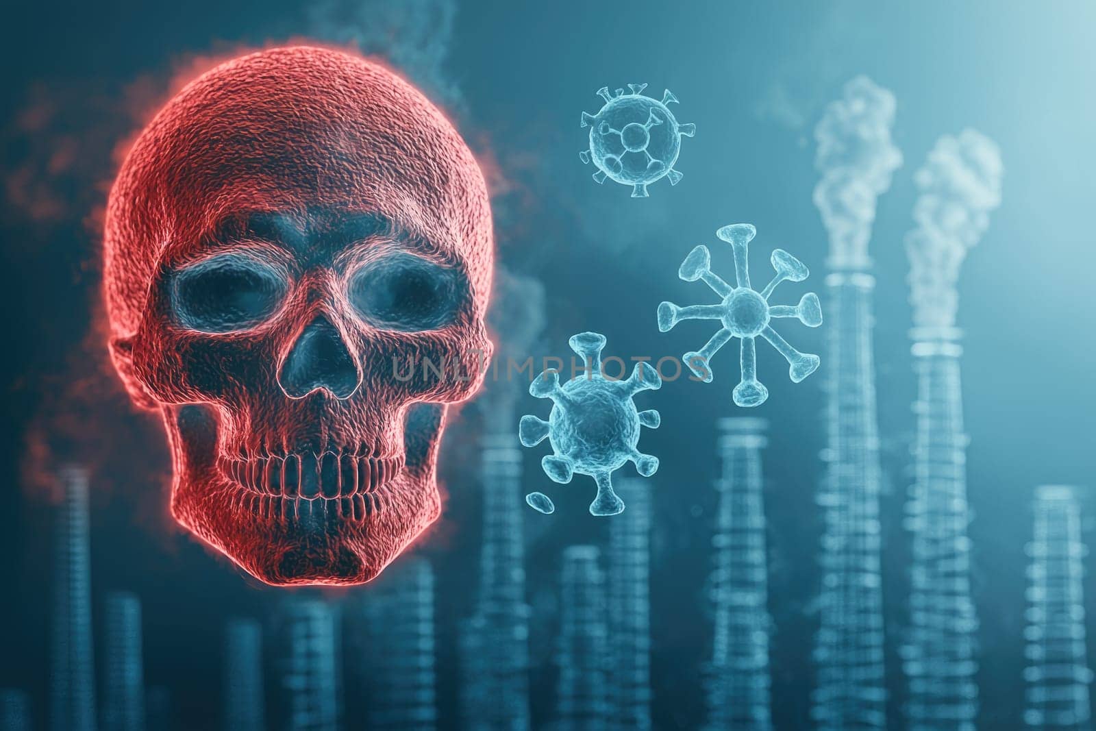 A striking digital artwork featuring a red skull symbolizing danger, surrounded by viruses and smoke stacks, reflecting health risks and environmental concerns in contemporary society.