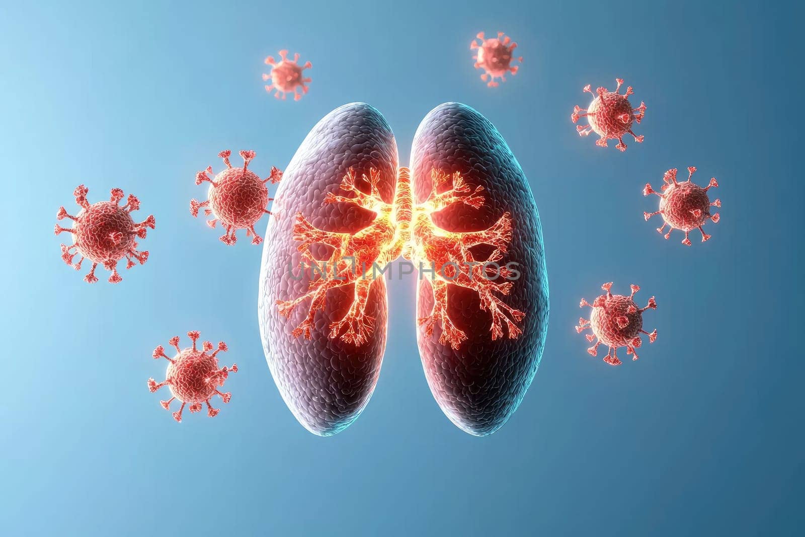 This illustration offers a visual exploration of human lungs affected by virus particles, highlighting the critical importance of respiratory health and the battle against infection.
