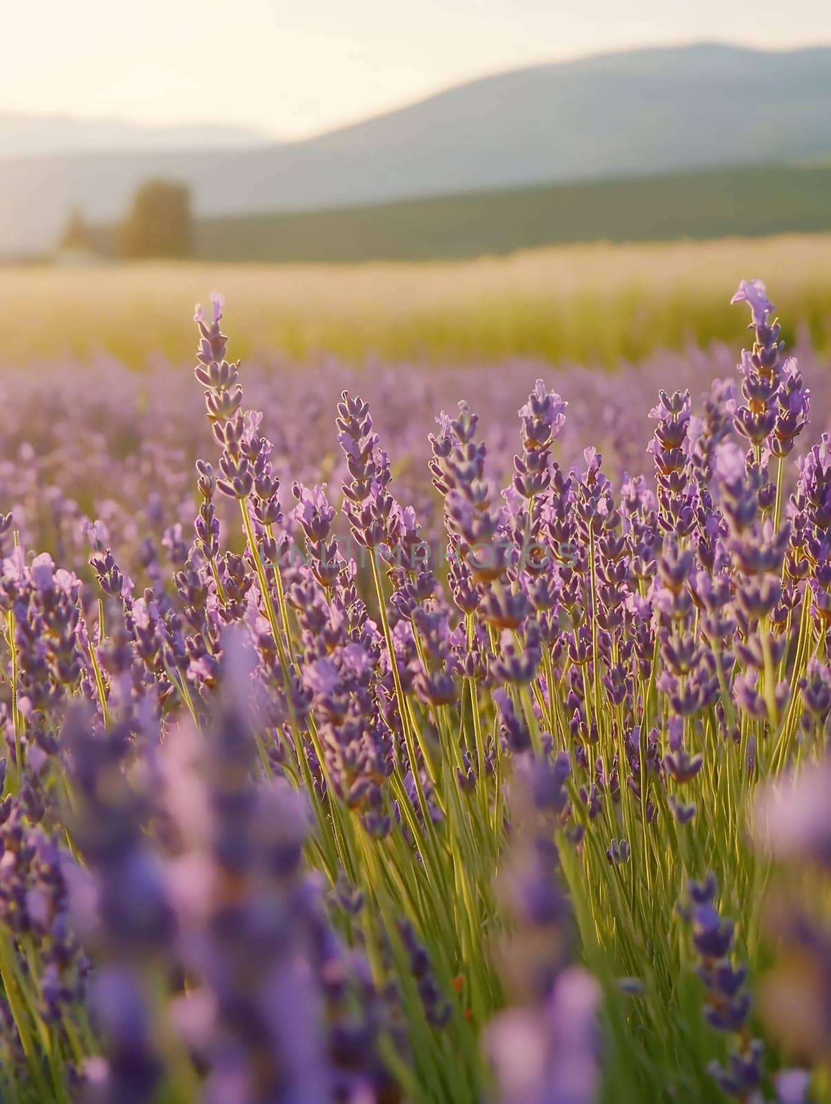 A vibrant lavender field glows under the setting sun, creating a picturesque and aromatic landscape.