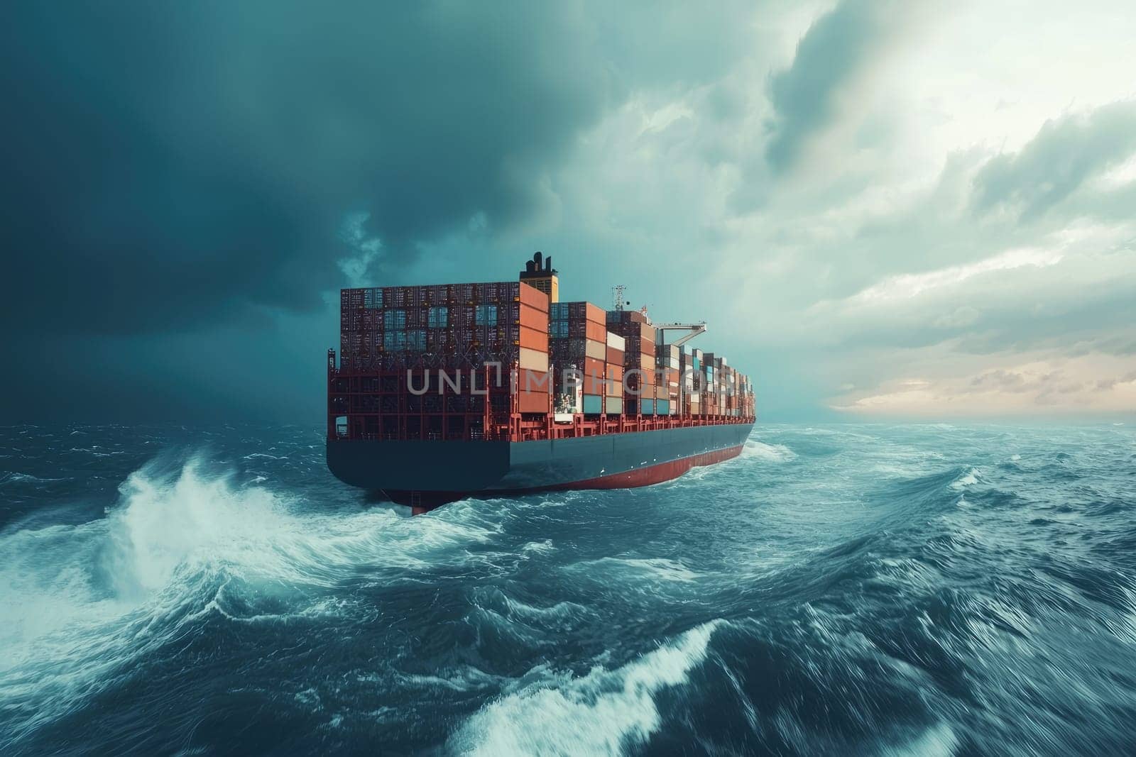 A powerful cargo ship cuts through turbulent waters, surrounded by dramatic clouds. This striking scene captures the essence of maritime transport and commerce.