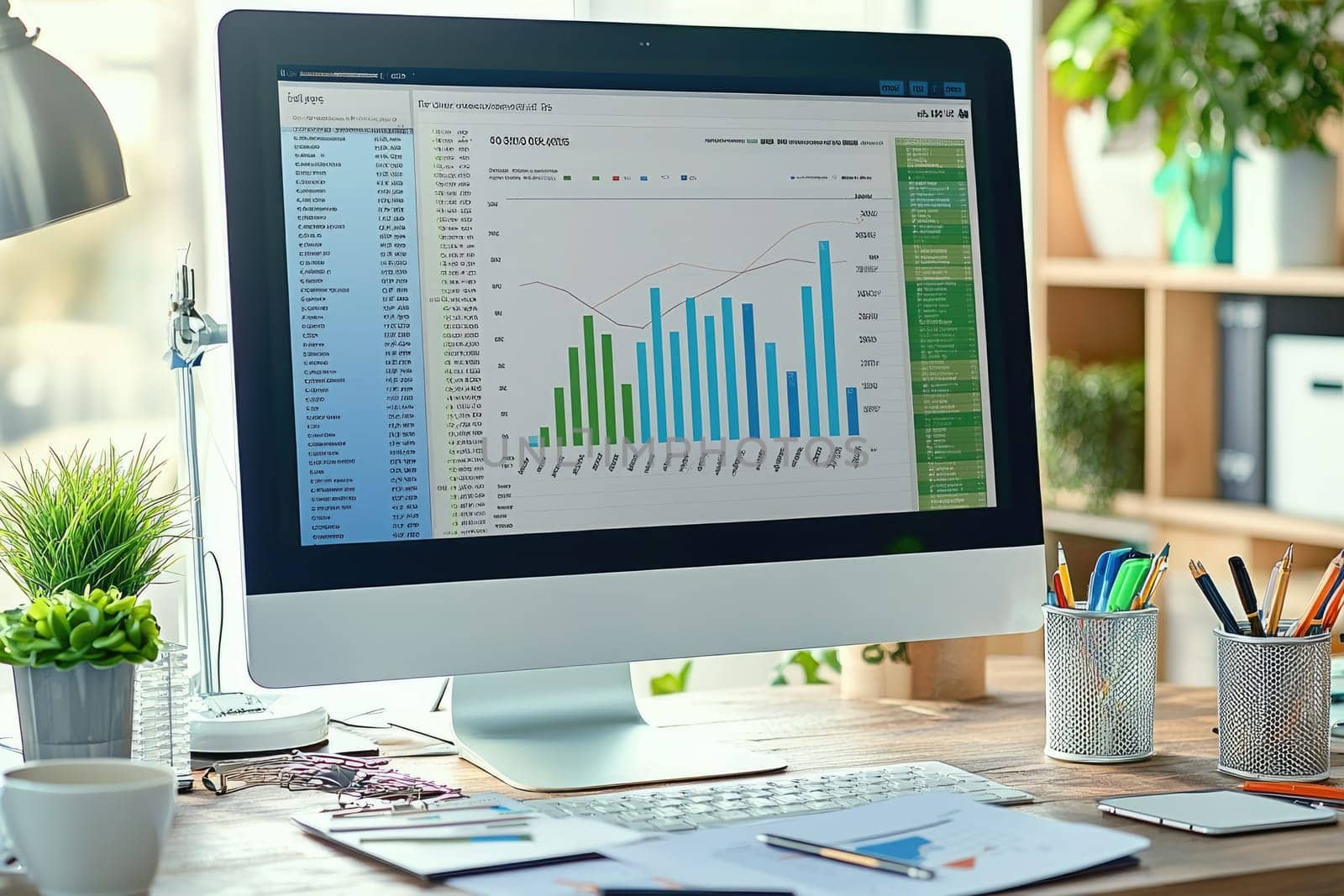 A modern office workspace featuring a computer with vibrant bar graphs and charts, ideal for showcasing data analysis and business insights within a productive environment.