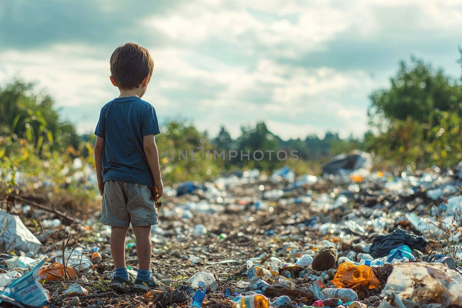 A young boy stands amidst a landscape filled with plastic waste, highlighting the pressing environmental issues faced today and reflecting innocence in a polluted world.