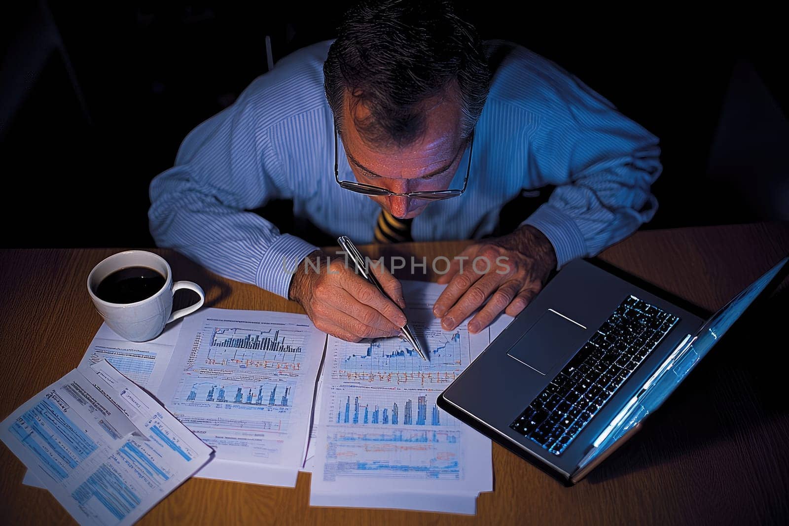 A focused man analyzes financial data and statistics in a dimly lit office, surrounded by charts and reports while enjoying a cup of coffee to fuel his concentration.