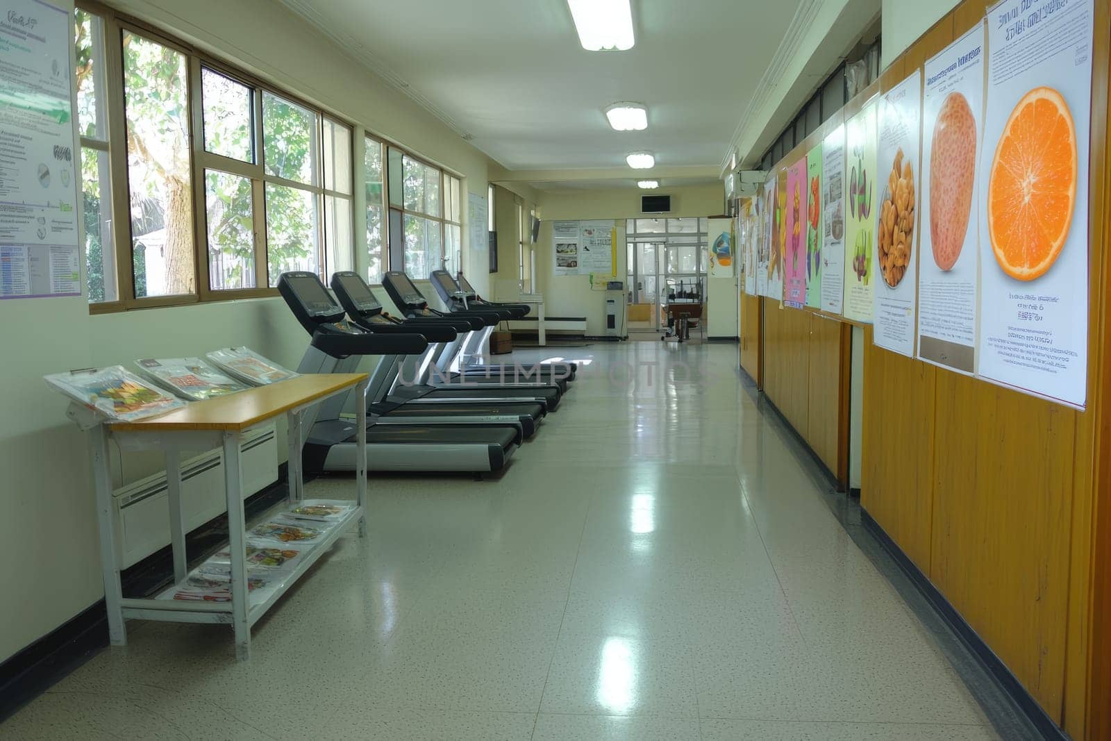 A bright corridor in a modern fitness centre features treadmills and informative nutrition posters, creating an inviting atmosphere for health-conscious individuals.