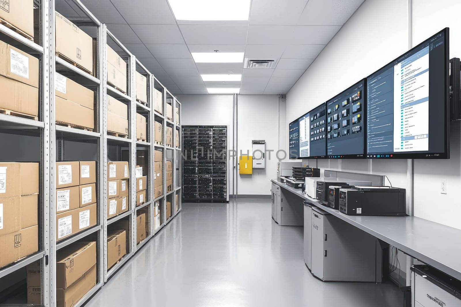Spacious and modern data center featuring storage racks of boxes, various computer equipment, and large screens displaying network operations for efficient inventory management.