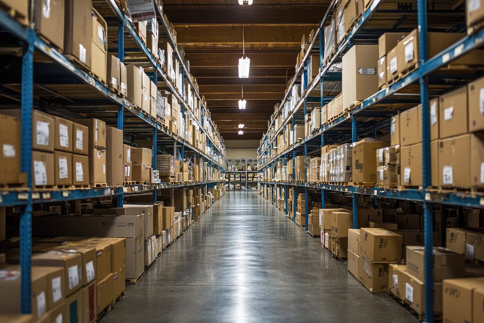 A spacious warehouse featuring organized rows of cardboard boxes on shelves. The well-lit interior offers a clear view of aisles, showcasing efficient storage solutions for inventory and logistics.