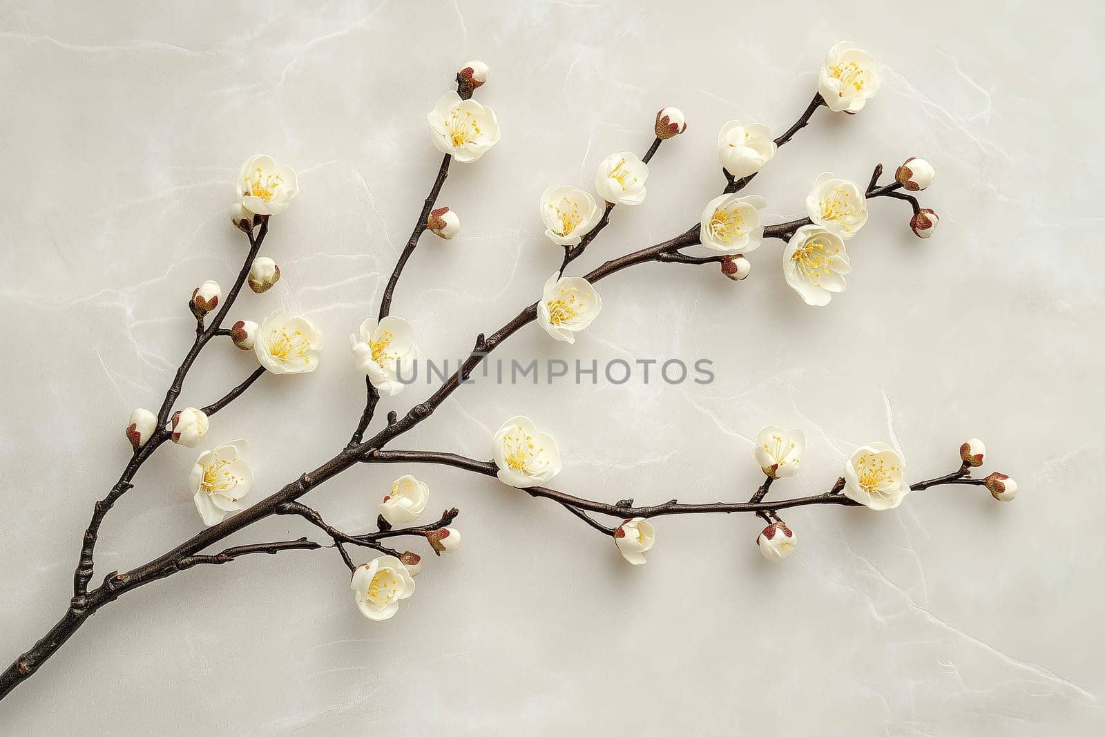 A branch adorned with delicate white plum blossoms rests on a smooth, light surface. The arrangement highlights the soft beauty of springtime flowers, inviting tranquility.