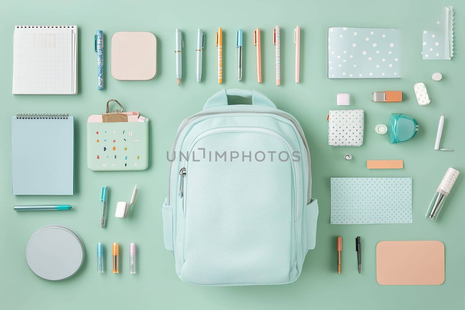 A mint green backpack is surrounded by an array of stationery items including notebooks, pens, and accessories, all arranged neatly on a pastel green surface.