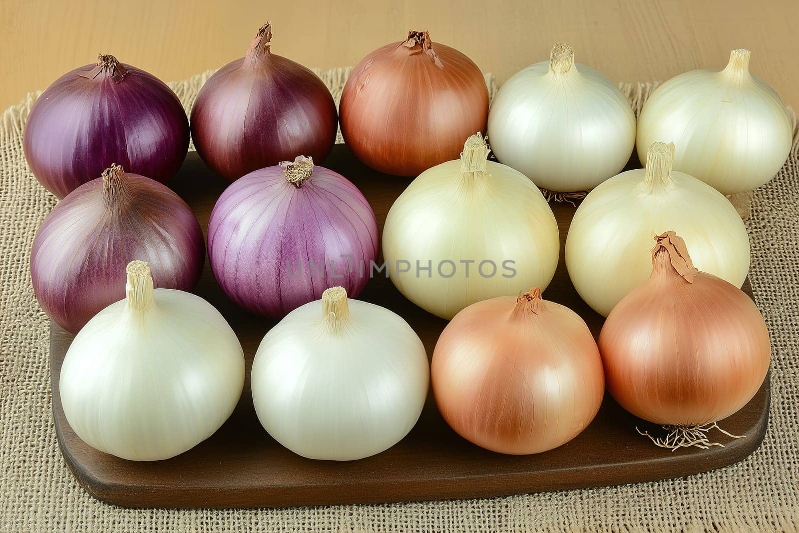 Various colorful onions are arranged neatly on a wooden tray. The display includes red, white, and yellow onions, highlighting their shapes and colors.