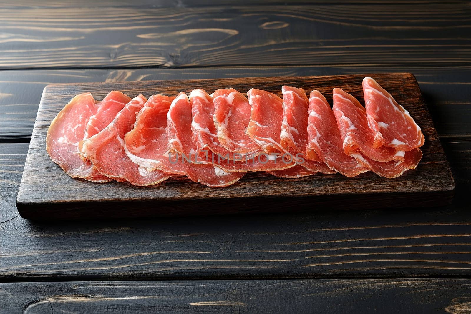 Slices of cured meat are elegantly arranged on a wooden board, showcasing their rich color and texture, perfect for appetizers or charcuterie boards.