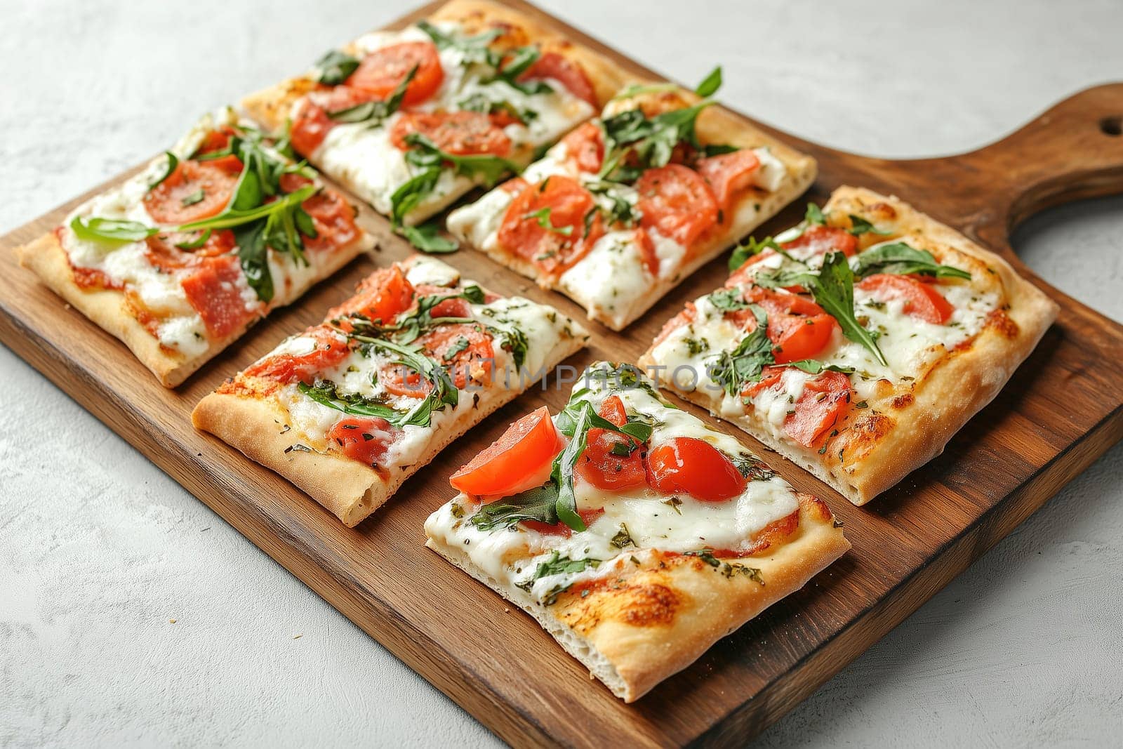 A freshly baked flatbread holds generous toppings of melted mozzarella cheese, sliced tomatoes, and vibrant green herbs. Perfectly cut into pieces, it showcases a delightful mix of flavors.