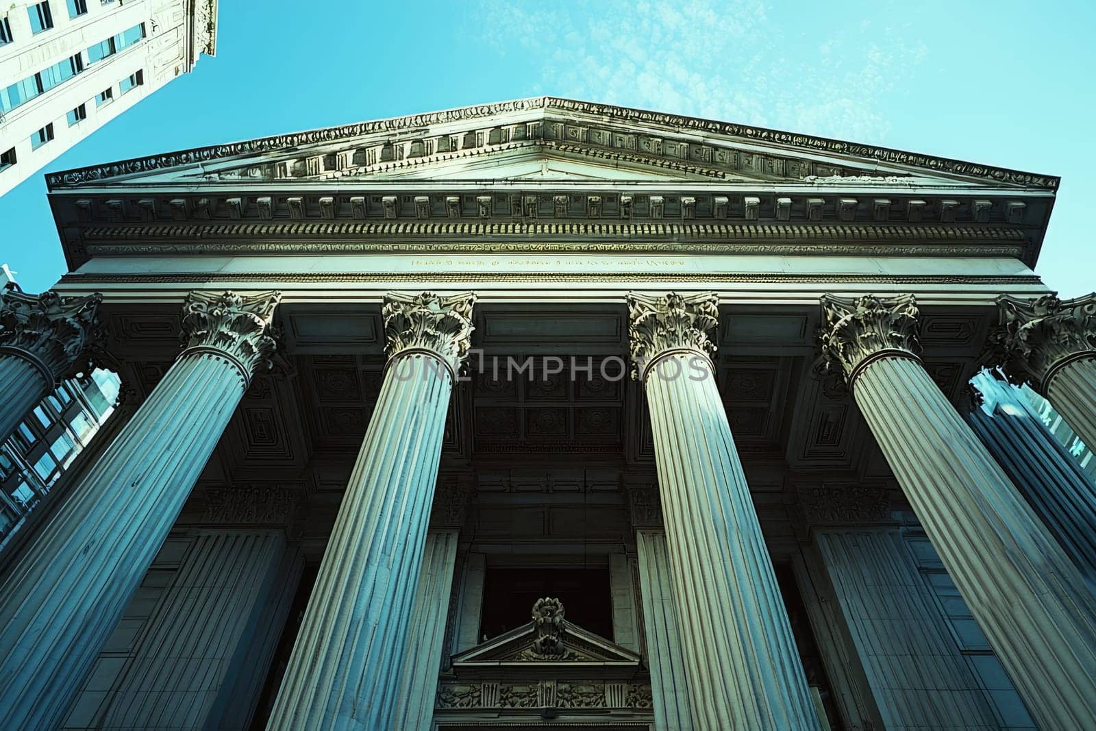 Explore the majesty of classical architecture with striking columns and a grand facade illuminated by a clear blue sky, capturing the essence of historic design elements.