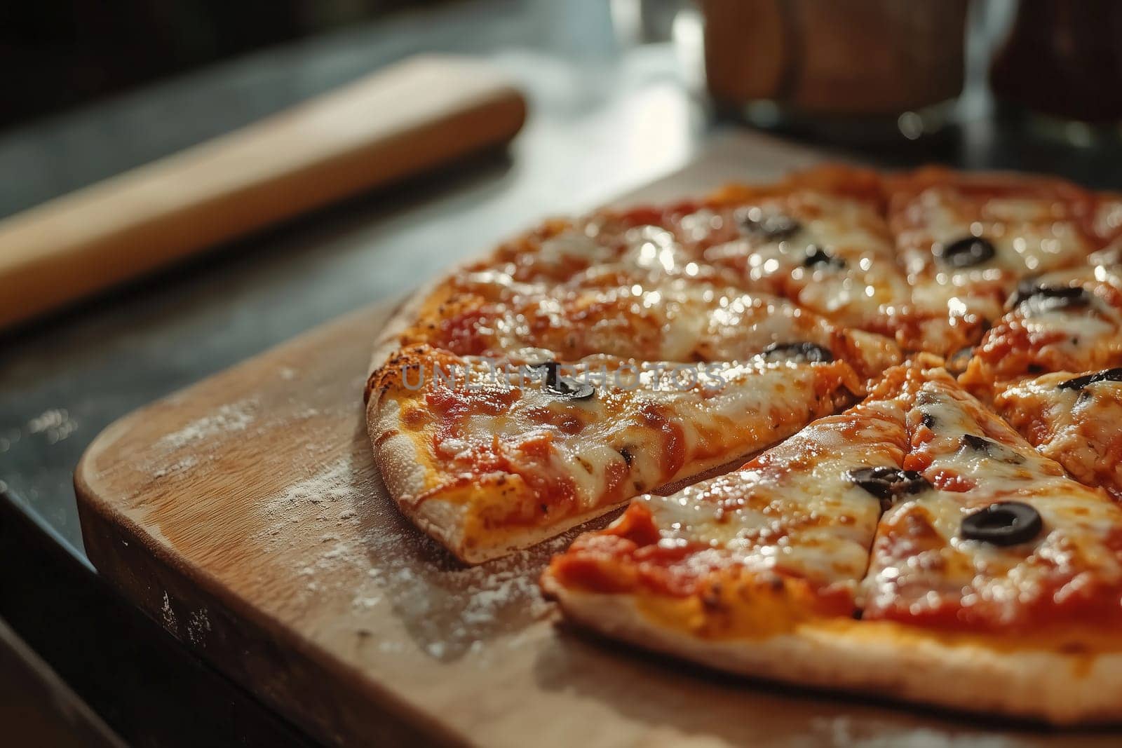 A delicious pizza topped with melted cheese and black olives rests on a wooden cutting board. Flour dusted around adds to the charm of this inviting kitchen atmosphere.