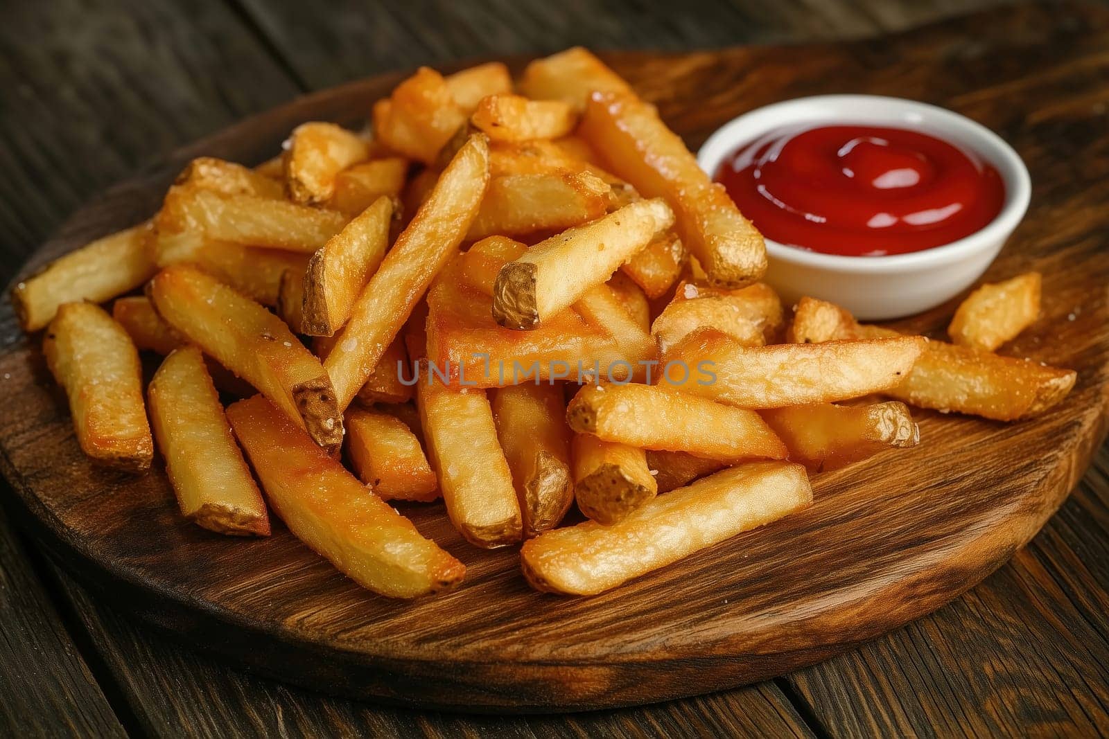 A generous serving of golden fries rests on a rustic wooden platter, accompanied by a small bowl of ketchup, inviting for a casual snack or side dish.