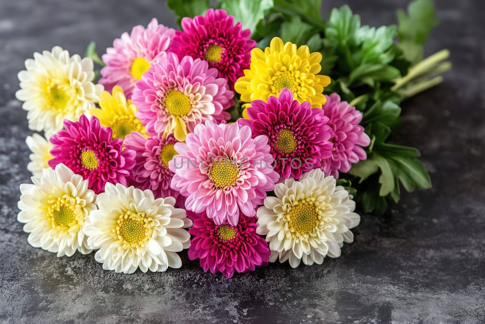 A vibrant collection of chrysanthemums in shades of pink, yellow, and white is beautifully arranged, resting on a dark surface that enhances their colors and freshness.