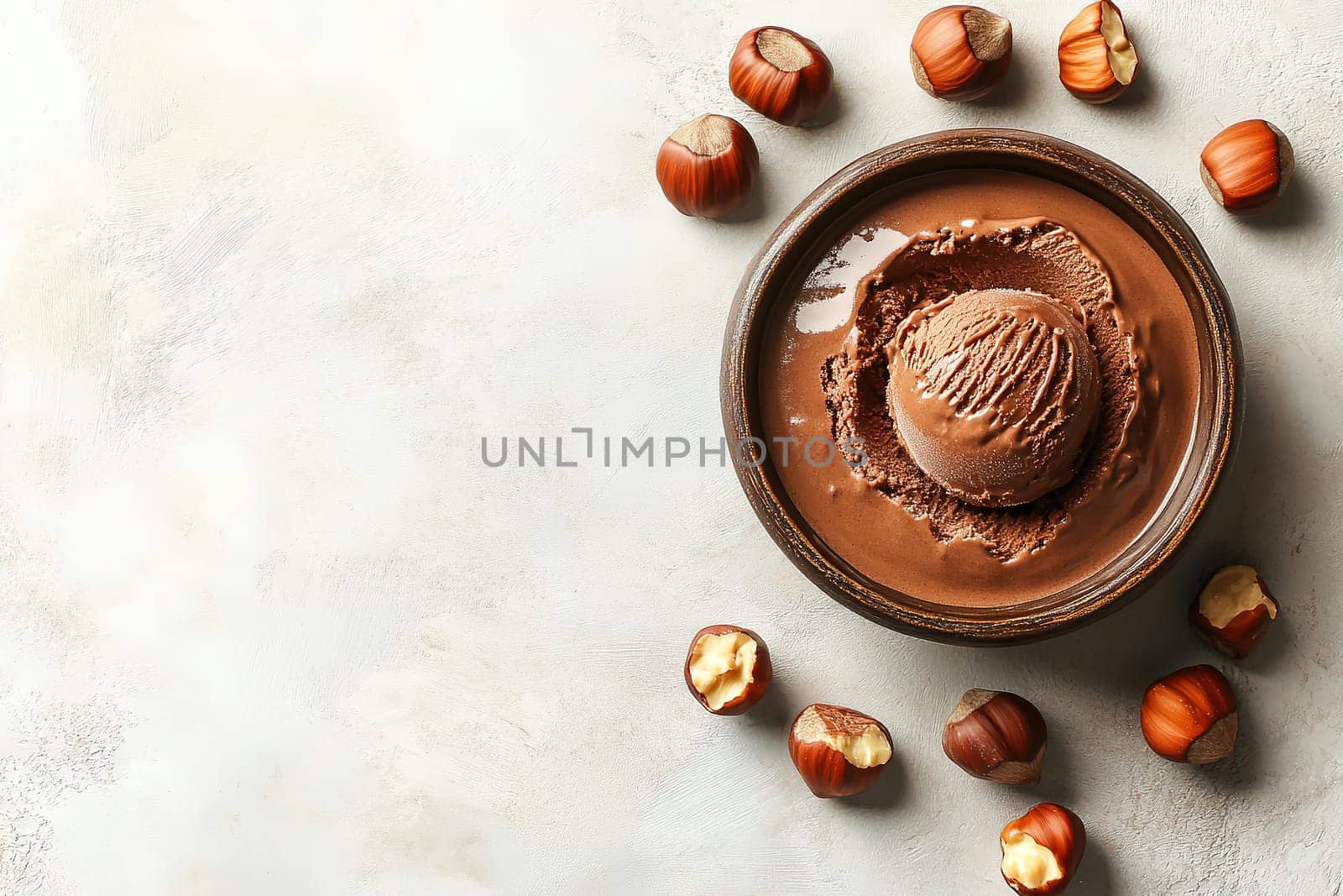 A bowl filled with creamy chocolate ice cream sits atop a neutral surface, accentuated by scattered roasted hazelnuts that add texture and visual appeal.